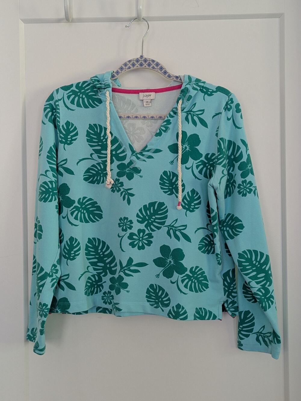 J.Crew Tropical Monstera Hibiscus Hoodie Sweatshirt Women's M Teal Green
